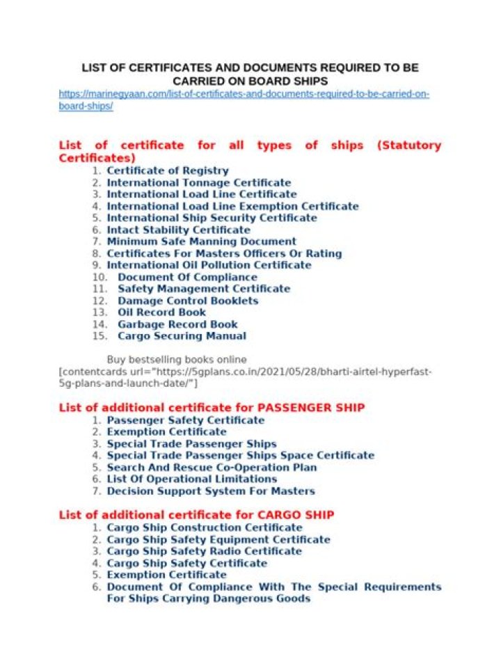 What are the list of mandatory certificates for ships?