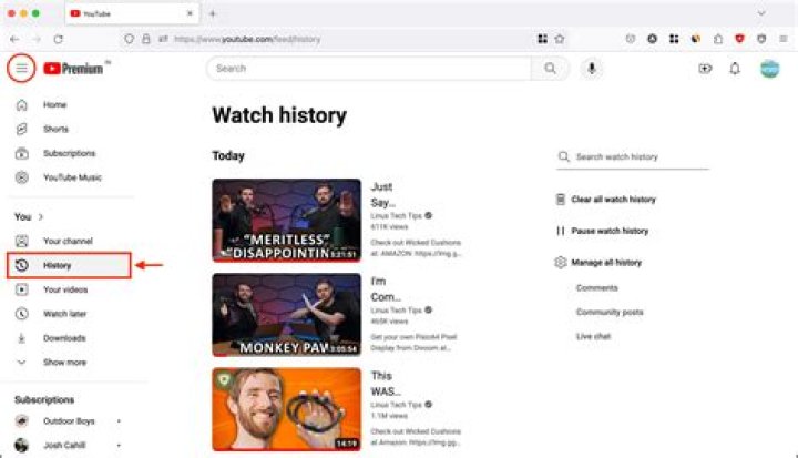 Where is history on YouTube app on iPad?